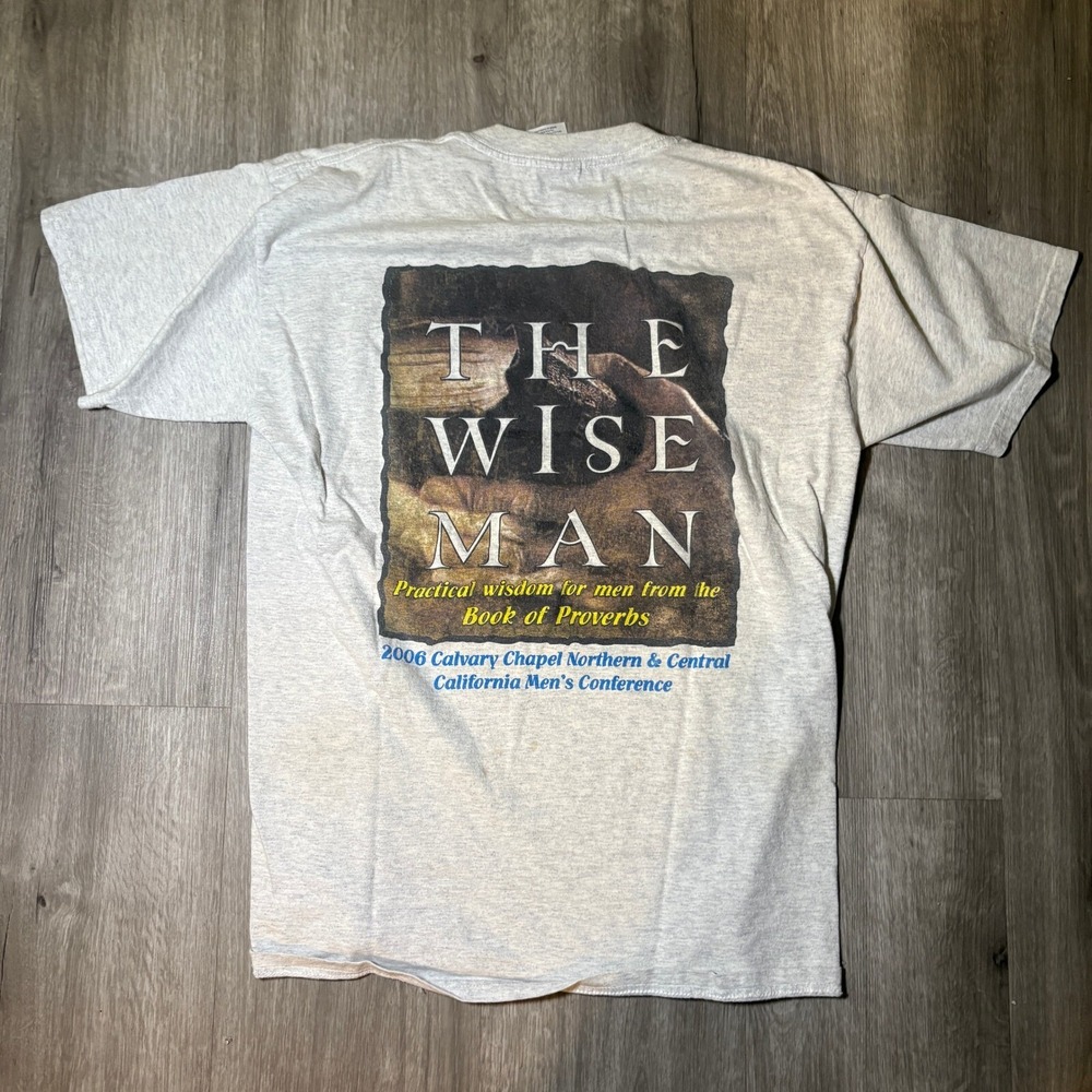 Vtg Gildan T-Shirt Mens M Gray Good Calvary Chapel 2006 Wise Man Y2K Graphic